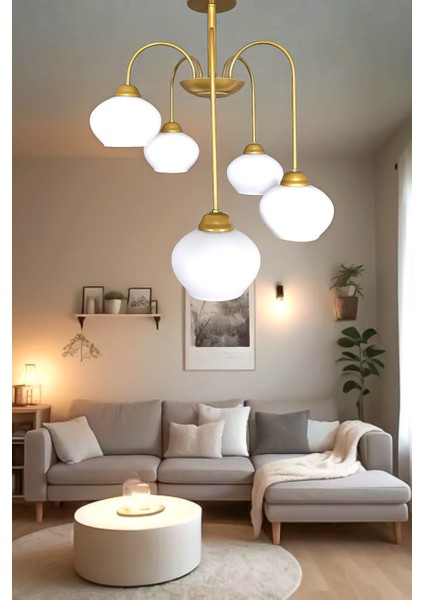 Dora 5 Li Avize Dekoratif Tasarım Modern Kollu Camlı Avize Oturma Odası Yemek Odası Salon
