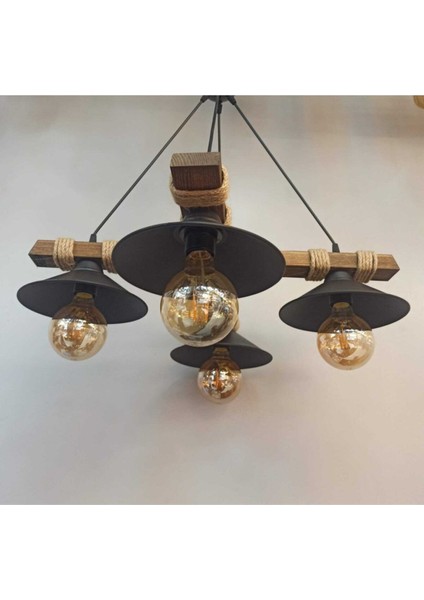 Avşa 4 Lü Ahşap Rustik Modern Halatlı Avize