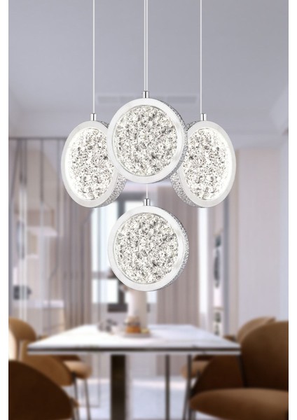 Furmet 4'lü Yuvarlak Krom Sarkıt Ledli Modern Mutfak Koridor LED Salon Sarkıt Avize