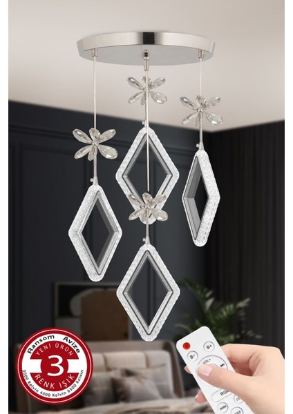 3 Renk Kumandalı Krom Kasa Karo LED Avize 4 Lü Modern Ledli Avize
