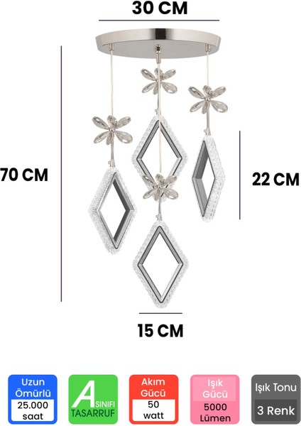 3 Renk Kumandalı Krom Kasa Karo LED Avize 4 Lü Modern Ledli Avize