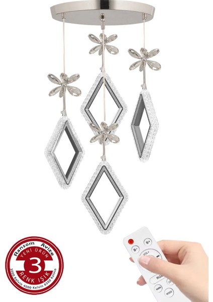 3 Renk Kumandalı Krom Kasa Karo LED Avize 4 Lü Modern Ledli Avize