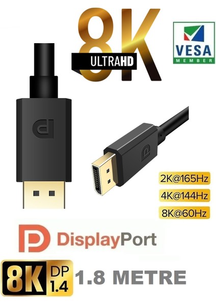 8k Displayport Dp Kablo 1080P@ 360hz, 2k@ 240hz, 4k@ 144hz, 8k@ 60hz V1.4 Gaming \ Sinema