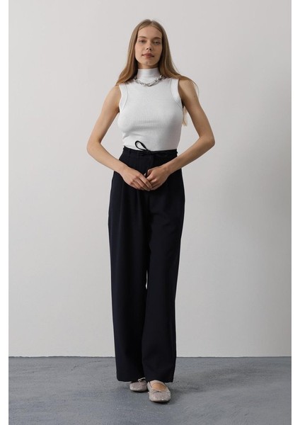 Pileli Bağcıklı Oversize Pantolon - Lacivert
