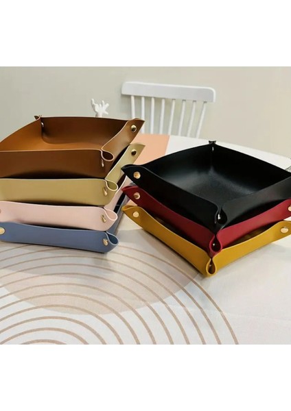 Mavi Pu Deri Düzenleyici Tepsi, Takı, Kozmetik, Anahtar Saklama, 15X15 cm