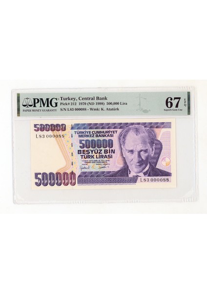 500000 Lira Pmg Sertifikali 67 Epq Seri No. L83 000088 Çil Banknot