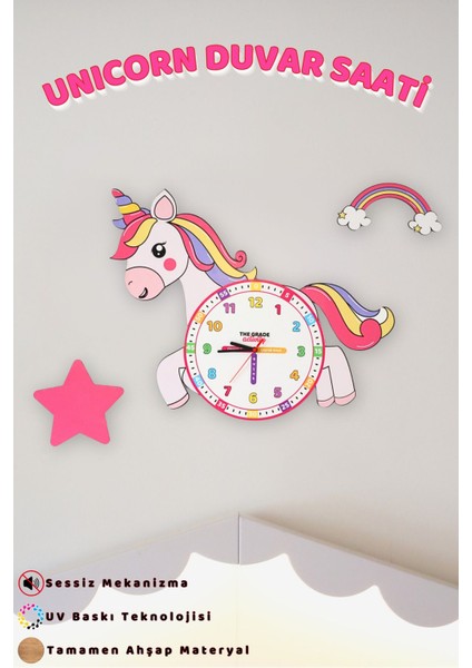 Renkli Ahşap Unicorn Çocuk Odası Duvar Saati Eğitici ve Dekoratif Saat