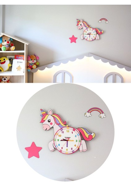 Renkli Ahşap Unicorn Çocuk Odası Duvar Saati Eğitici ve Dekoratif Saat fiyatları