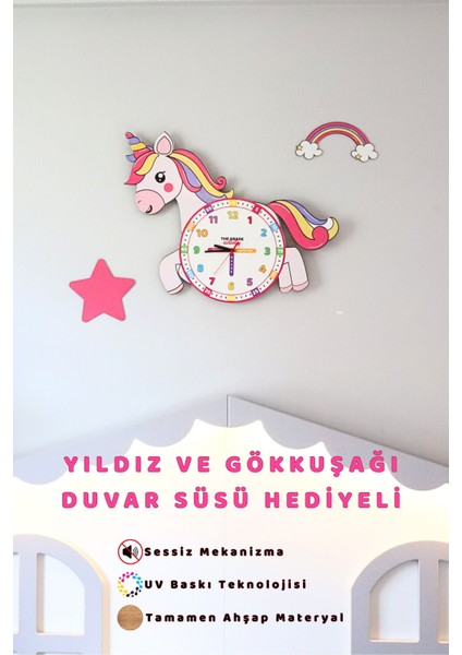 Renkli Ahşap Unicorn Çocuk Odası Duvar Saati Eğitici ve Dekoratif Saat indirimleri