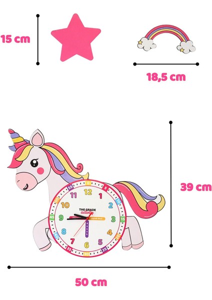 Renkli Ahşap Unicorn Çocuk Odası Duvar Saati Eğitici ve Dekoratif Saat