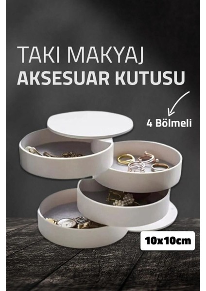 4 Katlı Döner Takı ve Aksesuar Organizeri, Beyaz, Silindir Düzenleyici