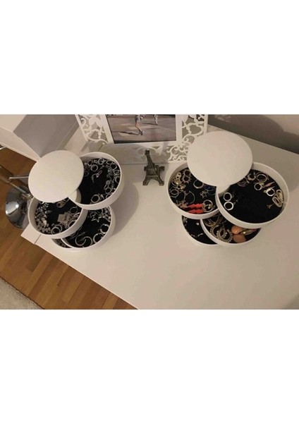 4 Katlı Döner Takı ve Aksesuar Organizeri, Beyaz, Silindir Düzenleyici