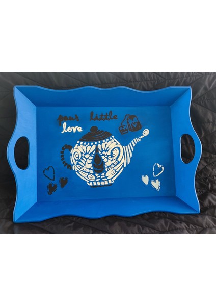 Ahşap Mavi Beyaz Çay Kahve Sunumluk Tepsi