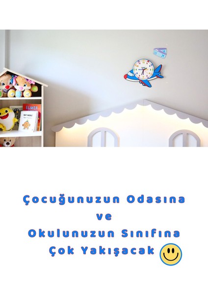 Renkli Ahşap Uçak Temalı Çocuk Odası Duvar Saati, Eğitici ve Şık Tasarım fırsatları