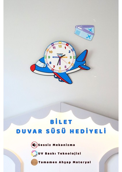 Renkli Ahşap Uçak Temalı Çocuk Odası Duvar Saati, Eğitici ve Şık Tasarım indirimleri