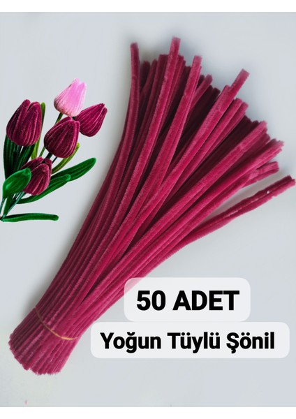 50 Adet Mercan Kırmızısı Şönil, Eğitici Şönil Seti, Yoğun Tüylü Tel, 30 cm