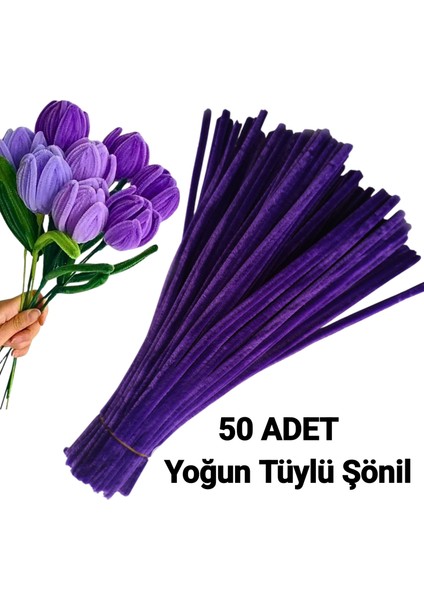 50 Adet Derin Mor Şönil, Eğitici Şönil Seti, Yoğun Tüylü Tel, 30 cm