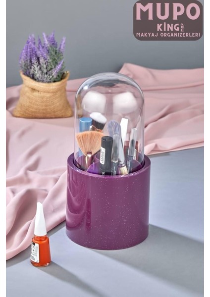 Mor 7 Bölmeli Şeffaf Koruma Kapaklı Makyaj Fırçası ve Kozmetik Düzenleyici
