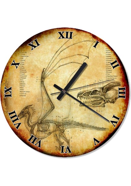 Beyaz 50 cm Çap Retro Dinozor Iskeleti Çocuk Odası Duvar Saati
