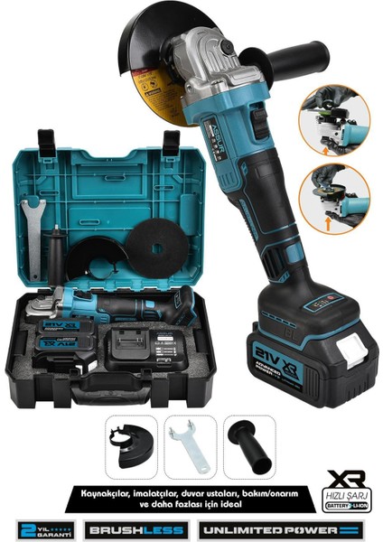 Iki Adet 21V 125MM Kömürsüz Şarjlı Taşlama Makinesi