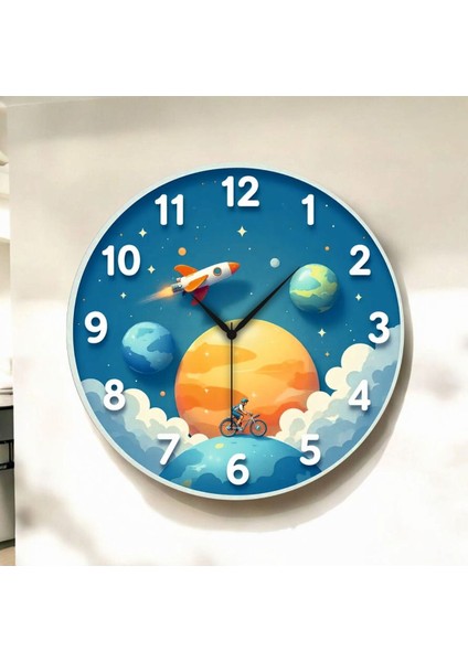 Renkli Çocuk Odası Uzay Desenli Ahşap Sessiz Duvar Saati 50CM fiyatları