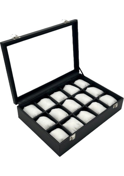 Şık Siyah Deri Kapaklı Saat Kutusu, 15'li Organizer, Zarif ve Kullanışlı Tasarım