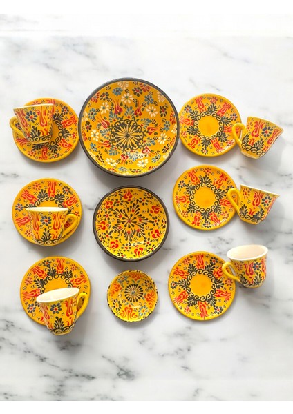 Dekoratif 6 Kişilik Şık Lale Çini Tasarımlı Tamamen El Yapımı Kahve Fincan Seti ve Çerezlik-Sosluk