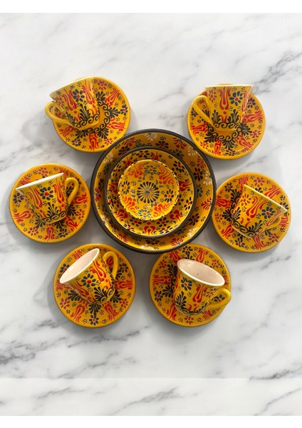 Dekoratif 6 Kişilik Şık Lale Çini Tasarımlı Tamamen El Yapımı Kahve Fincan Seti ve Çerezlik-Sosluk fiyatları