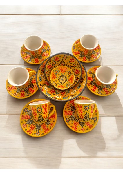 Dekoratif 6 Kişilik Şık Lale Çini Tasarımlı Tamamen El Yapımı Kahve Fincan Seti ve Çerezlik-Sosluk modelleri