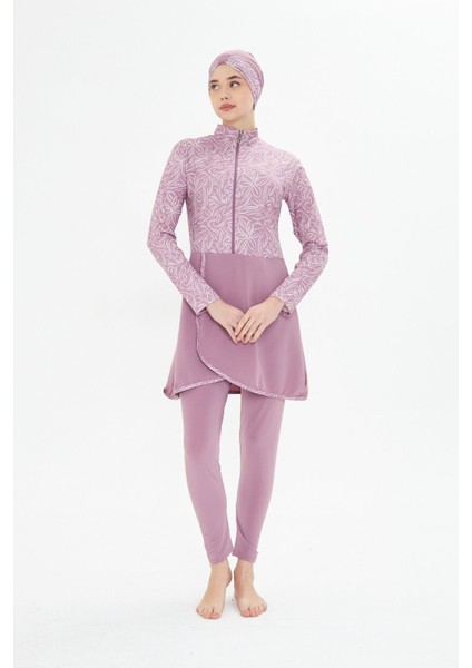 Kadın Tam Kapalı Tesettür Mayo 4 Parça – Desenli – Pudra-Xl