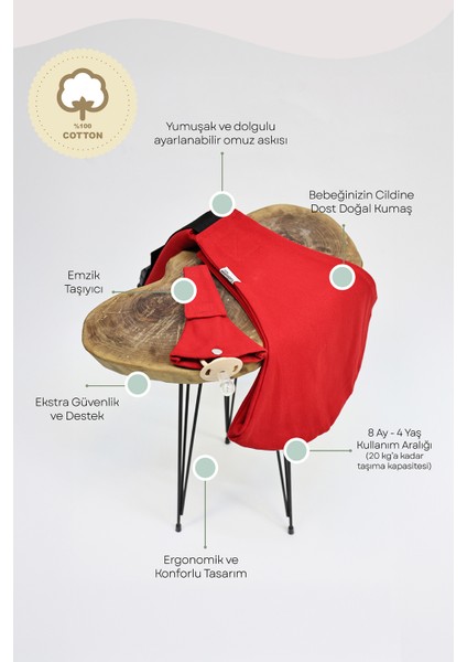 Çocuk Taşıyıcı Ana Kucağı Kırmızı %100 Pamuk Baby Sling 7 Ay - 4 Yaş (20 Kg)
