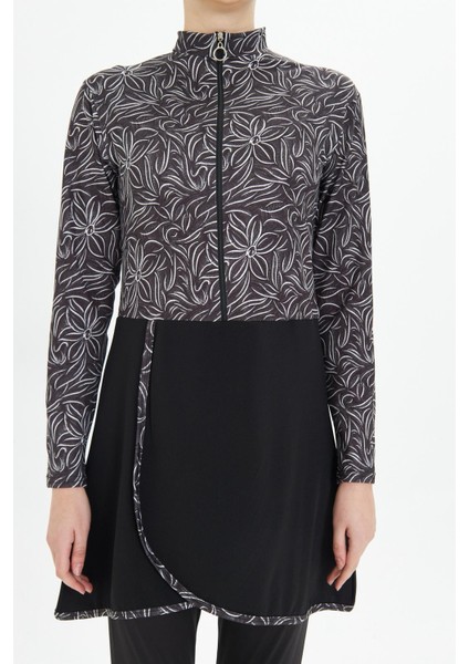 Kadın Tam Kapalı Tesettür Mayo 4 Parça – Desenli – Siyah-M