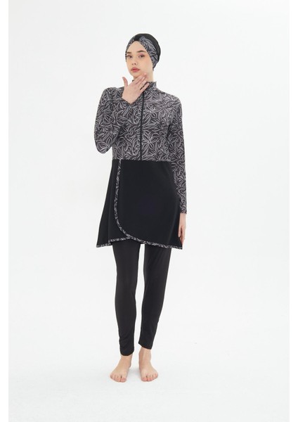 Kadın Tam Kapalı Tesettür Mayo 4 Parça – Desenli – Siyah-M fiyatları