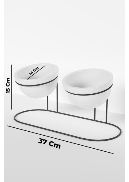 Iki'li Seramik Mama ve Su Kabı, Metal Stand, Siyah, Evcil Hayvanlar Için Şık Set