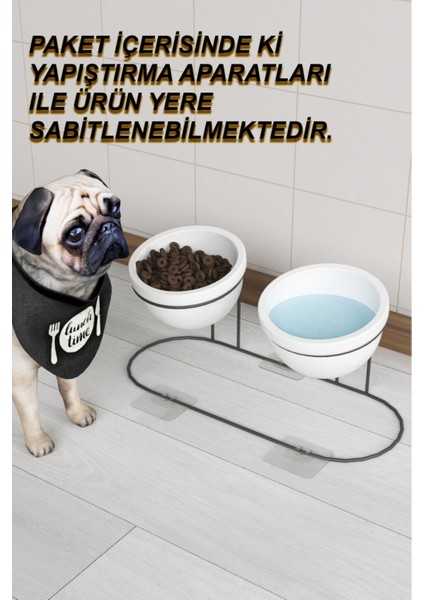 Iki'li Seramik Mama ve Su Kabı, Metal Stand, Siyah, Evcil Hayvanlar Için Şık Set