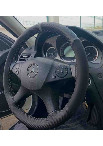 Oto Direksiyon Kılıfı Karbon Alkantre Gri Yüzük Gri Ip