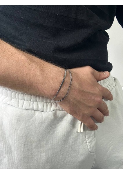 Silver İki Zincir Erkek Ayna Kadın Bileklik Unısex Paslanmaz Çelik Kararmaz Renk Atmaz Ayarlanabilir