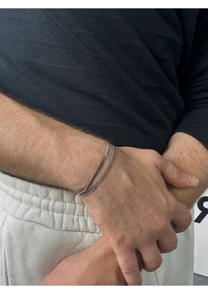Silver İki Zincir Erkek Ayna Kadın Bileklik Unısex Paslanmaz Çelik Kararmaz Renk Atmaz Ayarlanabilir
