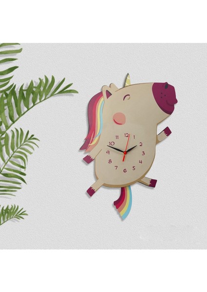 Renkli Ahşap Unicorn Çocuk Odası Sarkaçlı Duvar Saati