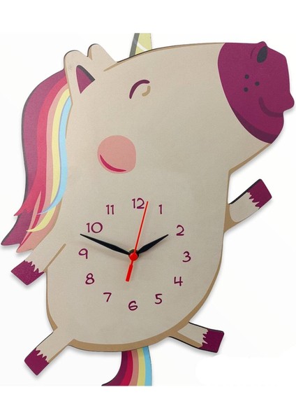 Renkli Ahşap Unicorn Çocuk Odası Sarkaçlı Duvar Saati