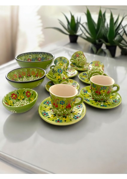 Dekoratif 6 Kişilik Şık Lale Çini Tasarımlı Tamamen El Yapımı Kahve Fincan Seti ve Çerezlik-Sosluk