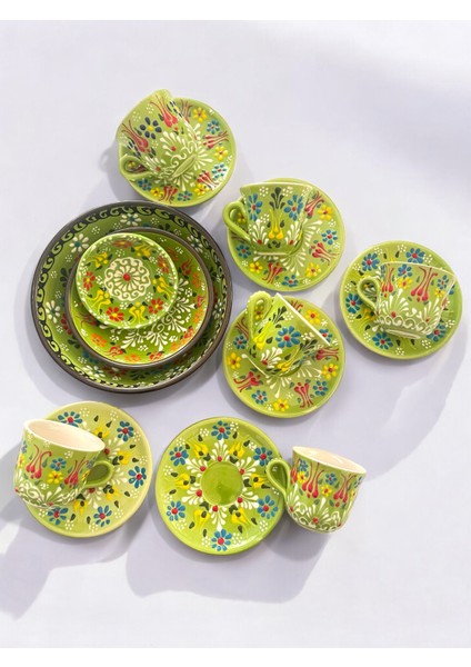 Dekoratif 6 Kişilik Şık Lale Çini Tasarımlı Tamamen El Yapımı Kahve Fincan Seti ve Çerezlik-Sosluk fiyatları