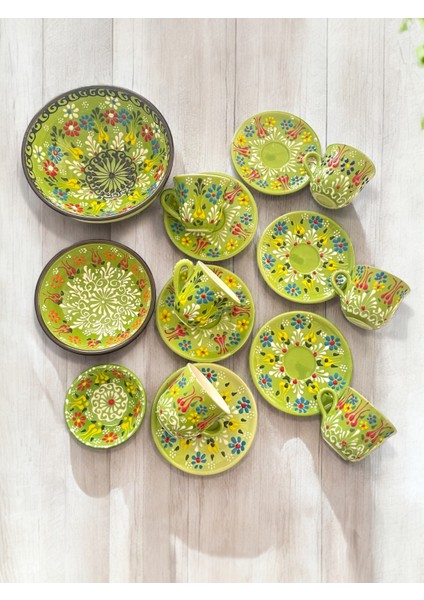 Dekoratif 6 Kişilik Şık Lale Çini Tasarımlı Tamamen El Yapımı Kahve Fincan Seti ve Çerezlik-Sosluk modelleri