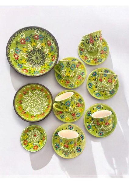 Dekoratif 6 Kişilik Şık Lale Çini Tasarımlı Tamamen El Yapımı Kahve Fincan Seti ve Çerezlik-Sosluk fırsatları