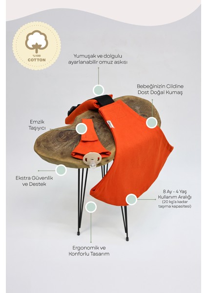 Çocuk Taşıyıcı Ana Kucağı Turuncu %100 Pamuk Baby Sling 8 Ay - 4 Yaş (20 Kg)