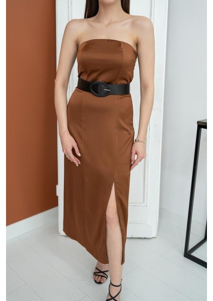 Kahverengi Straplez Saten Elbise fiyatları
