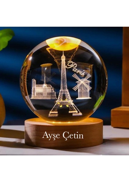 Kişiye Özel Işıklı Ahşap Kaideli Paris Temalı Cam Küre 8*6cm