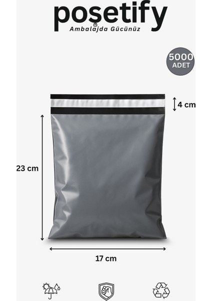 Gri Cepsiz Kargo Poşeti 17X23+4 cm | Yapışkan Bantlı Kargo Zarfı | 5000’LI E-Ticaret Poşeti
