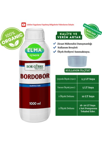 Elma Için Organik Sıvı Gübre Bordobulamacı Bordobor- 1lt Kalite-Verim Artar, Geliştirir, Korur(Istenmeyen Mavi Rengi Bırakmaz)