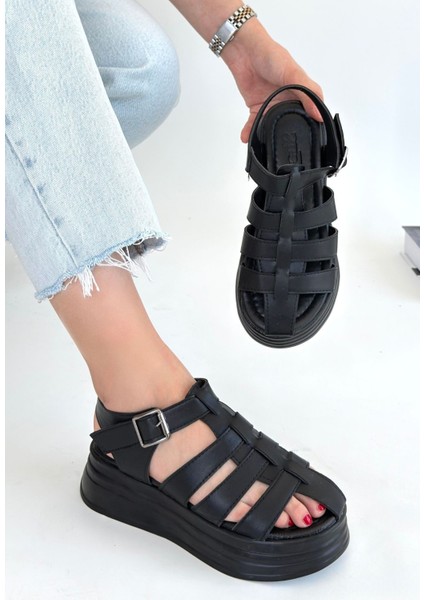 Kemerli Ortopedik Sandalet Cilt Siyah Topuk Boyu 5 cm modelleri